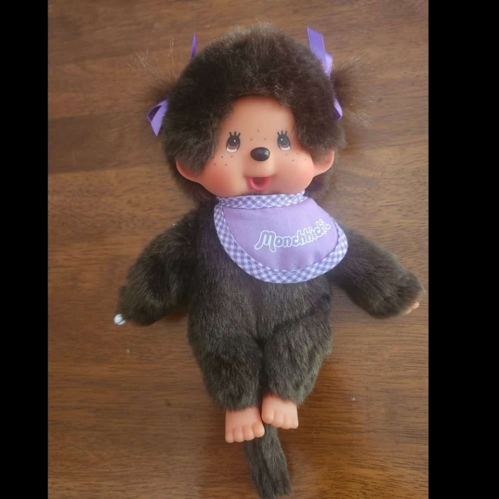 Rare Monchhichi Monkey Doll Sekiguchi Plush Purple Bib Pacifier 7" Vintage 70's